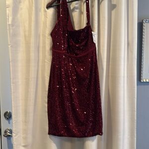 Sequined off shoulder red lined dress